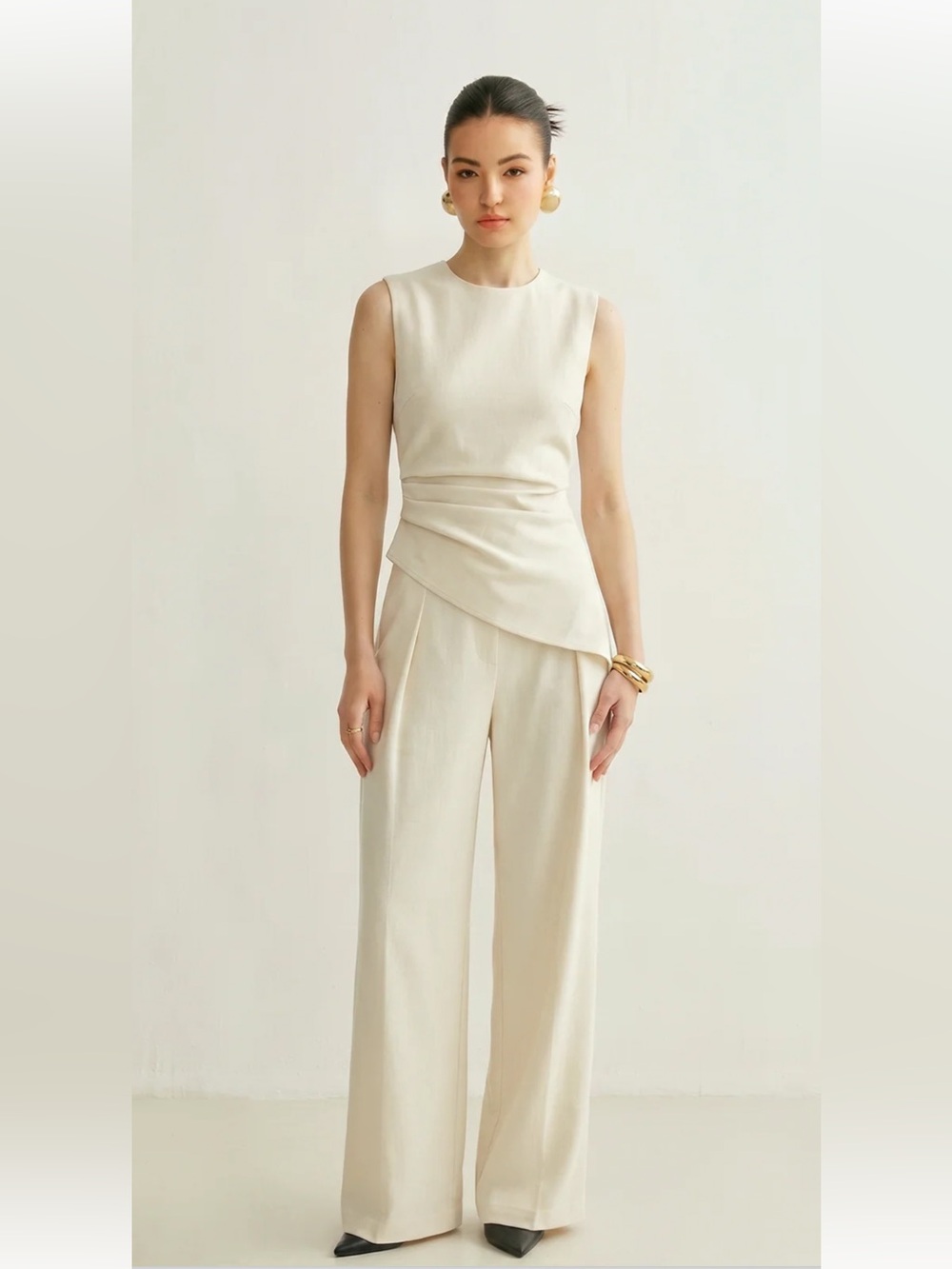 Commense Cream Sleeveless Wide-Leg Jumpsuit with Draped Waist Panel